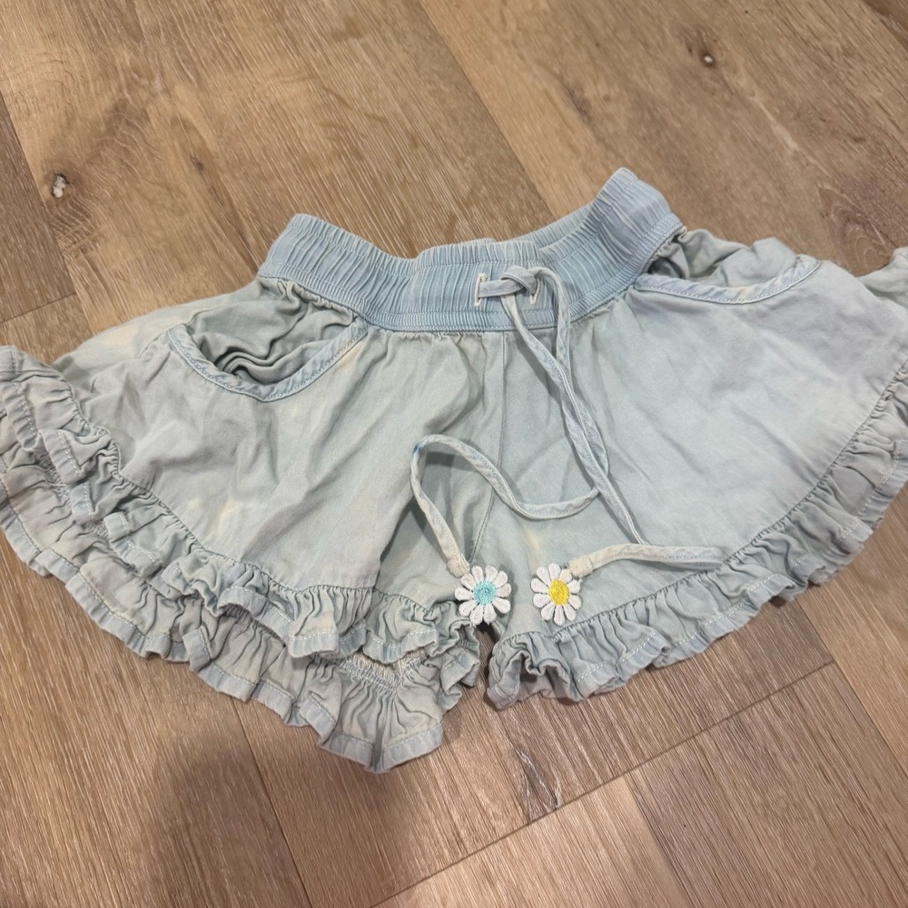 Paper Wings Toddler Girls Blue Ruffle Shorts Daisy Drawstring Cotton Size 2